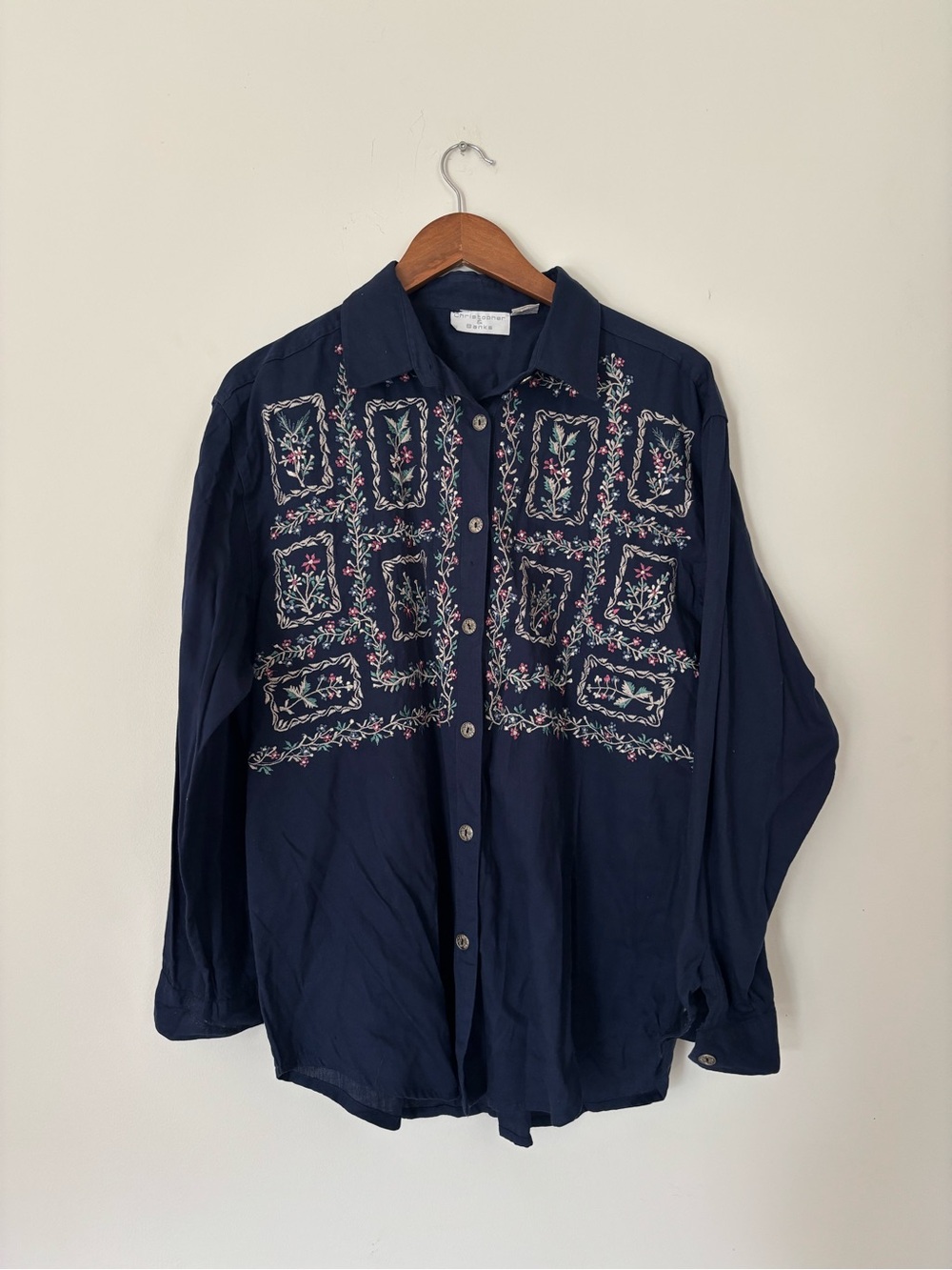 Christopher & Banks Large Navy Floral Embroidered Western 100% Cotton Blouse